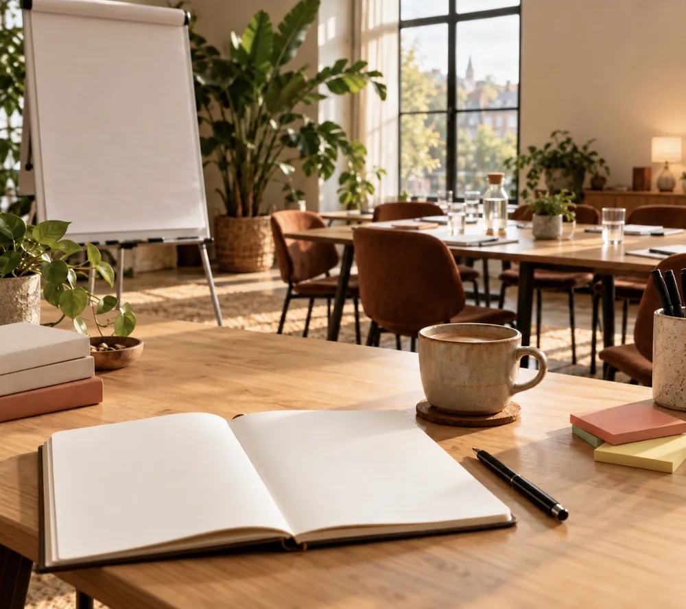 Salle de formation lumineuse, prête à accueillir un groupe : carnet ouvert, café et paperboard.